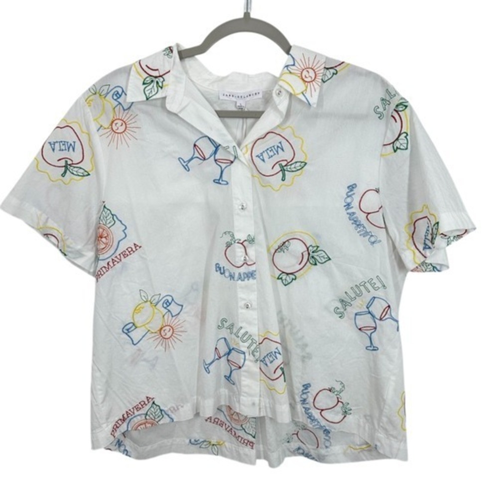 Jane and Delancey White Embroidered Fruit Wine Sun Button Up Shirt Beachy Vacay